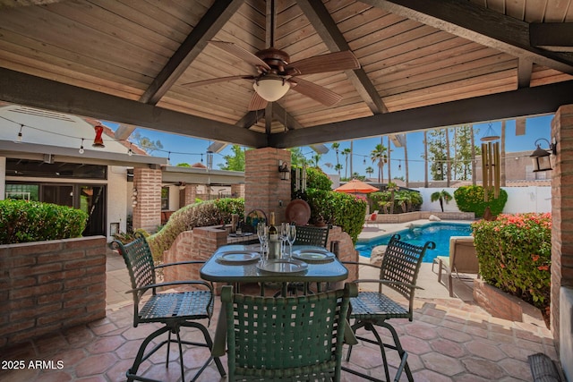 15240 N 51st St, Scottsdale, AZ 85254 - view of patio featuring outdoor dining area, ceiling fan, a fenced backyard, an outdoor pool, and a gazebo