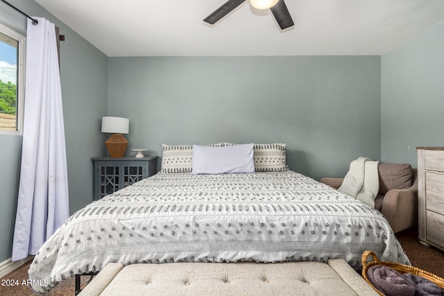 bedroom featuring ceiling fan and carpet flooring