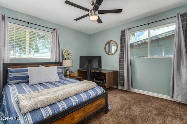 carpeted bedroom with ceiling fan and multiple windows