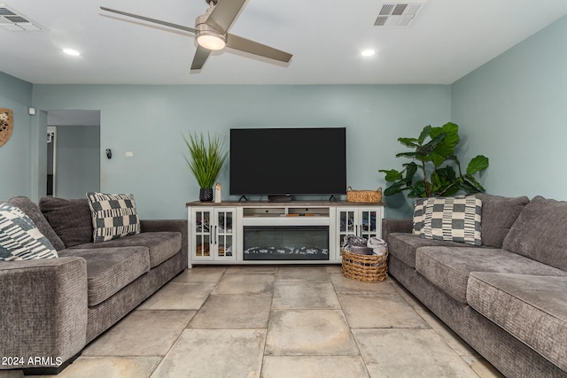 living room featuring ceiling fan