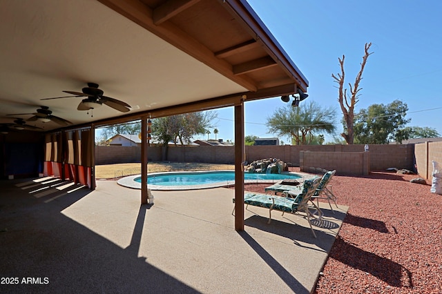 view of swimming pool with a patio area and ceiling fan