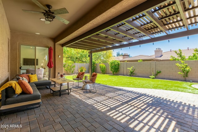 view of patio featuring an outdoor hangout area, ceiling fan, and a pergola