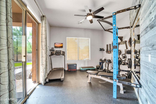 workout room with a ceiling fan and visible vents