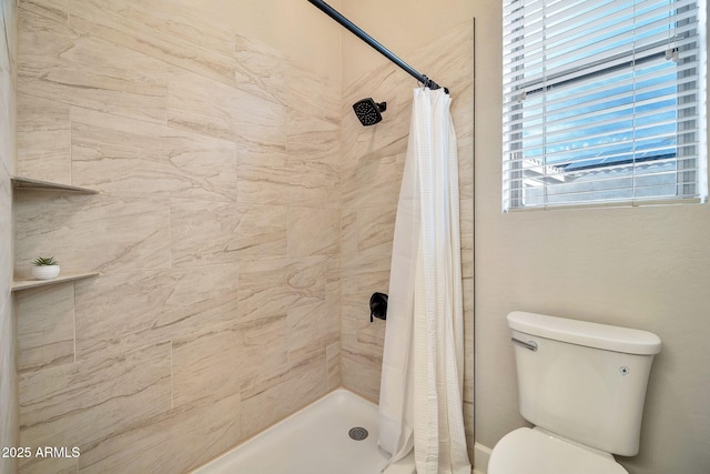 bathroom with a stall shower and toilet