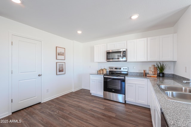 1795 Yance Dr, Wickenburg, AZ 85390 - kitchen with stainless steel appliances, a sink, dark wood finished floors, white cabinets, and recessed lighting