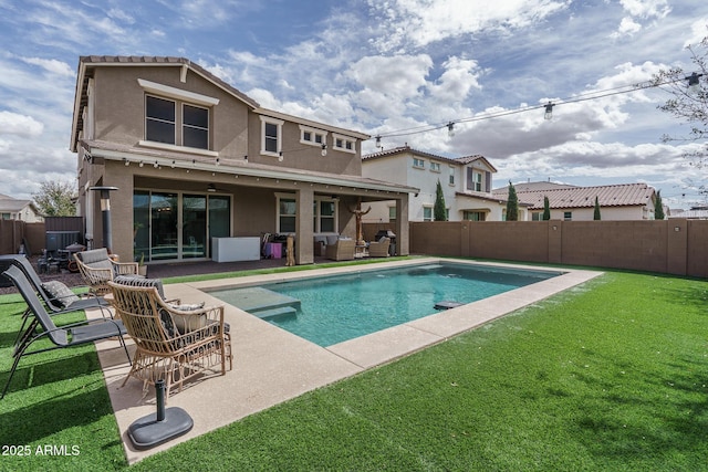 view of swimming pool with a patio, a fenced in pool, an outdoor living space, a fenced backyard, and a lawn