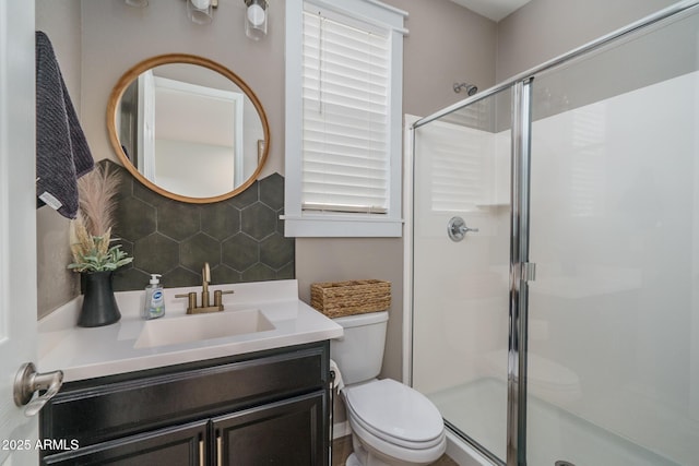 full bath featuring a shower stall, toilet, and tasteful backsplash