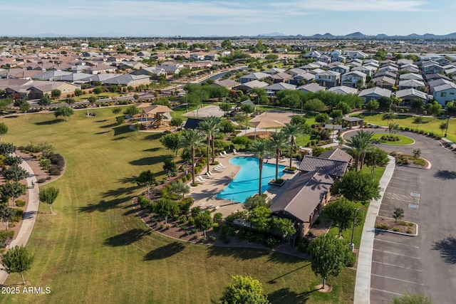 aerial view featuring a mountain view and a residential view