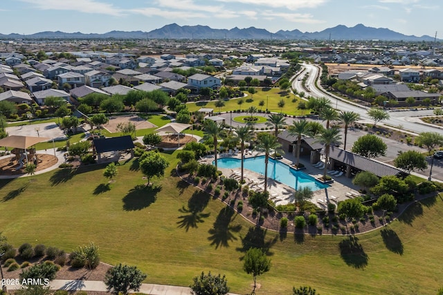 bird's eye view featuring a mountain view and a residential view