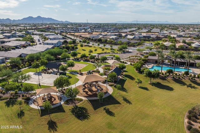 bird's eye view featuring a residential view and a mountain view