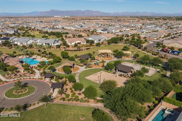 bird's eye view featuring a mountain view and a residential view