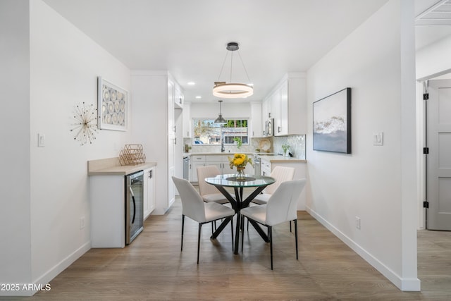 dining area featuring wine cooler, light hardwood / wood-style floors, and sink