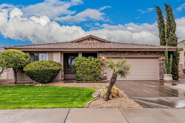 ranch-style home with driveway, stone siding, a tiled roof, an attached garage, and stucco siding