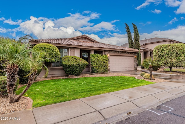 ranch-style house featuring a tile roof, stucco siding, a front yard, a garage, and driveway