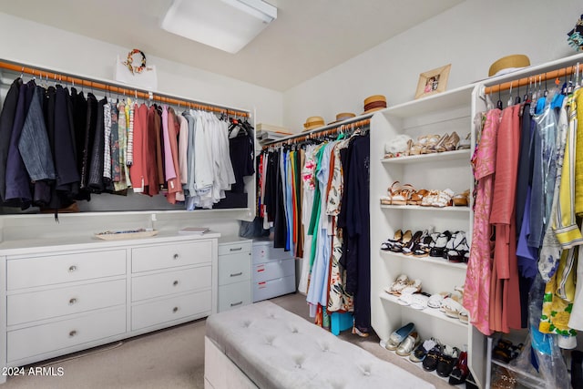 walk in closet featuring light carpet