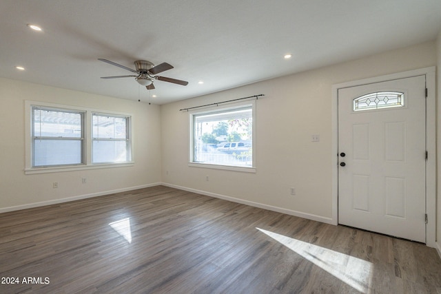 foyer with recessed lighting, baseboards, a ceiling fan, and wood finished floors