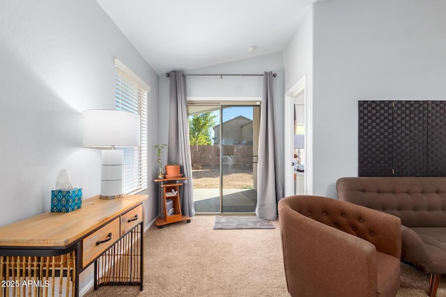 interior space featuring carpet and lofted ceiling