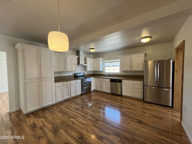 1618 W Vernon Ave, Phoenix, AZ 85007 - kitchen with appliances with stainless steel finishes, wall chimney exhaust hood, dark wood-style flooring, white cabinets, and dark countertops