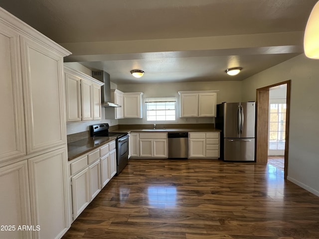 1618 W Vernon Ave, Phoenix, AZ 85007 - kitchen with appliances with stainless steel finishes, wall chimney range hood, a sink, dark countertops, and dark wood-style flooring