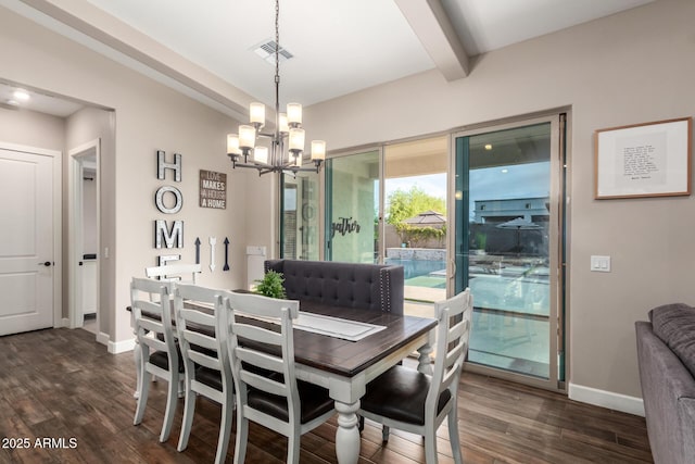 dining space featuring beamed ceiling, dark wood finished floors, visible vents, a notable chandelier, and baseboards