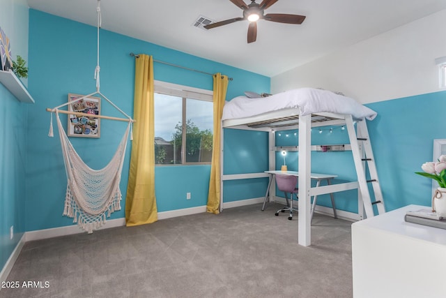 bedroom featuring carpet floors, baseboards, ceiling fan, and visible vents
