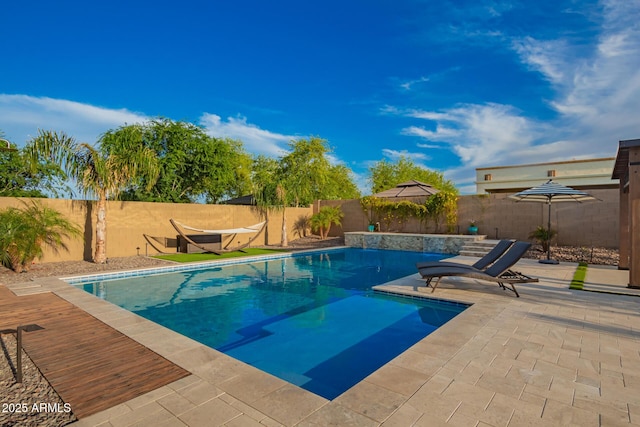 view of pool featuring a fenced in pool, a patio area, and a fenced backyard