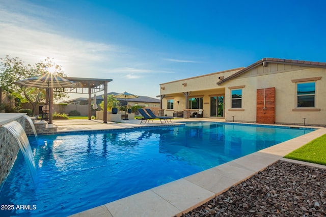 view of pool with a patio area, a fenced in pool, and fence