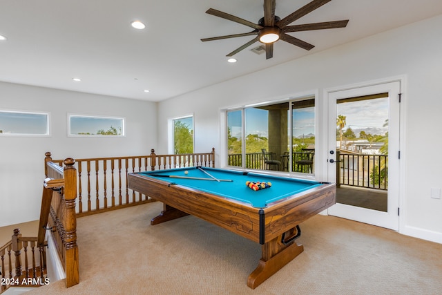 recreation room featuring light carpet, plenty of natural light, and billiards