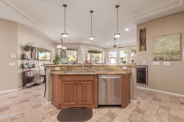 kitchen featuring sink, dishwasher, wine cooler, decorative light fixtures, and a kitchen island with sink