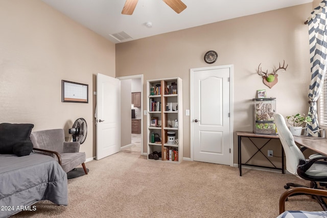 bedroom with light carpet, high vaulted ceiling, and ceiling fan