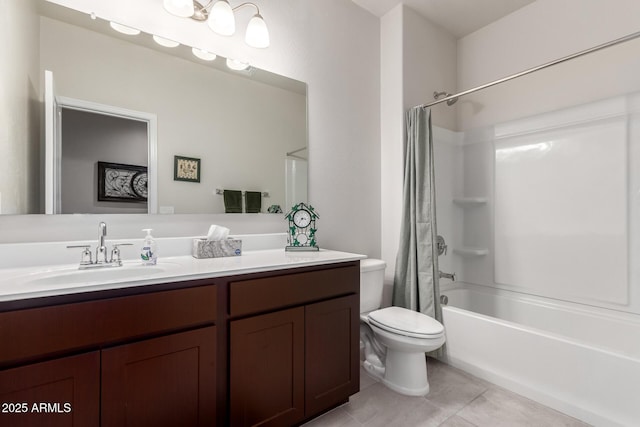 bathroom with shower / bath combination with curtain, vanity, toilet, and tile patterned floors