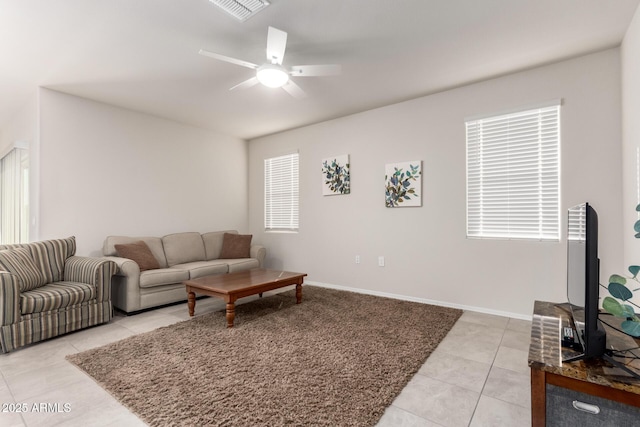 living area with a ceiling fan, visible vents, baseboards, and light tile patterned floors