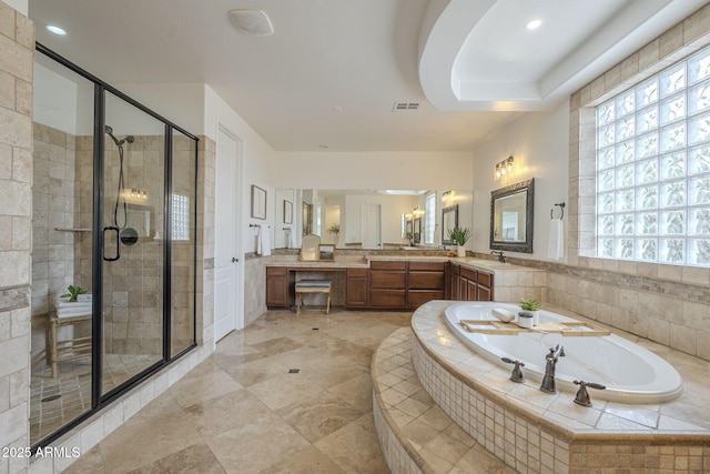 bathroom featuring visible vents, a garden tub, a stall shower, recessed lighting, and vanity