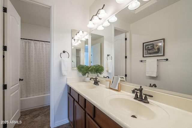 full bath with double vanity, shower / bath combo, and a sink