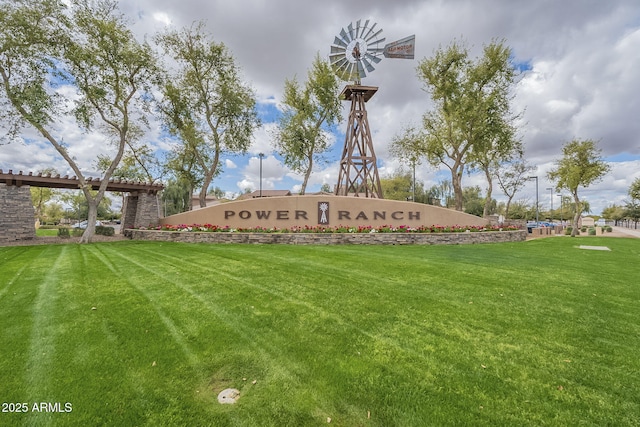 community / neighborhood sign with a lawn