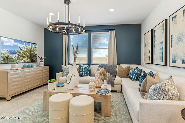 living room featuring an inviting chandelier