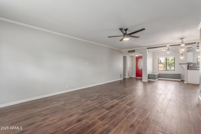 2938 N 18th Ave, Phoenix, AZ 85015 - unfurnished living room with a ceiling fan, dark wood-style flooring, baseboards, and ornamental molding