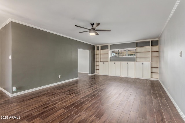 2938 N 18th Ave, Phoenix, AZ 85015 - unfurnished living room with ceiling fan, ornamental molding, dark wood-style floors, and baseboards
