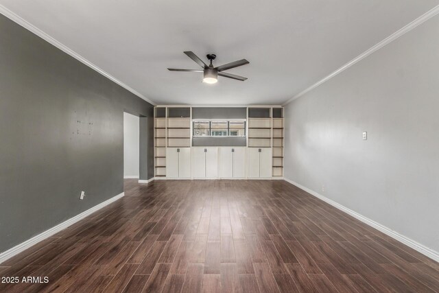 2938 N 18th Ave, Phoenix, AZ 85015 - unfurnished living room with a ceiling fan, crown molding, dark wood finished floors, and baseboards
