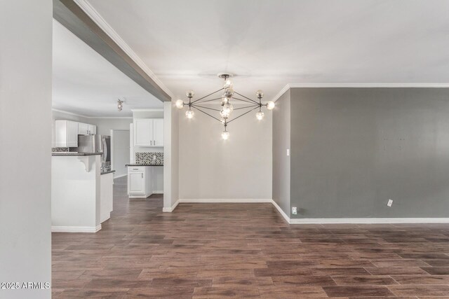 2938 N 18th Ave, Phoenix, AZ 85015 - unfurnished dining area featuring ornamental molding, a chandelier, dark wood-style flooring, and baseboards