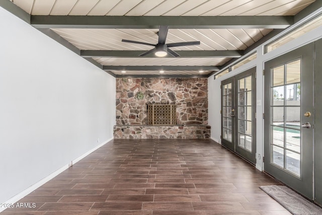 2938 N 18th Ave, Phoenix, AZ 85015 - unfurnished living room with beam ceiling, french doors, wood finished floors, ceiling fan, and baseboards
