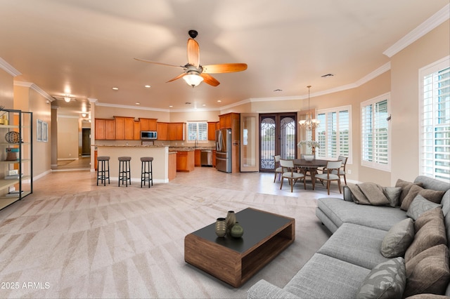 7969 S 172nd St, Queen Creek, AZ 85142 - living area featuring baseboards, crown molding, a chandelier, recessed lighting, and ceiling fan