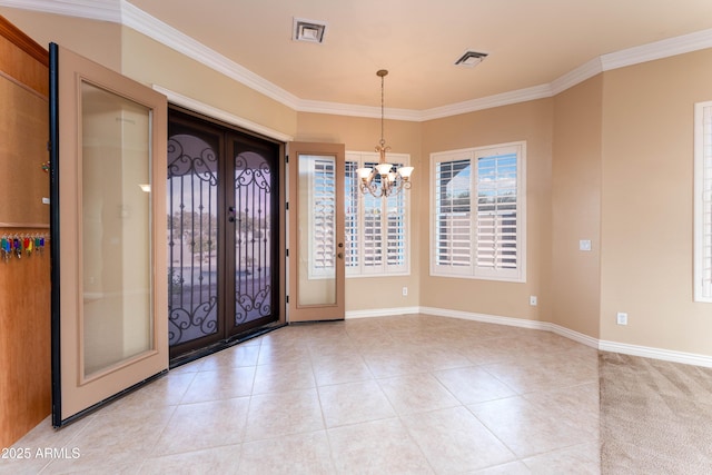 7969 S 172nd St, Queen Creek, AZ 85142 - entryway featuring french doors, a chandelier, light tile patterned floors, ornamental molding, and baseboards