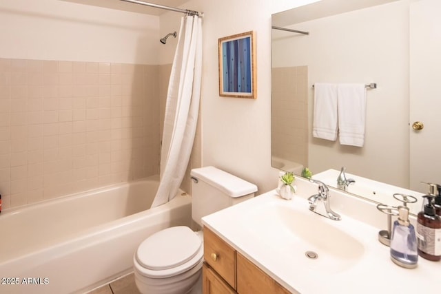 full bathroom featuring toilet, shower / bath combination with curtain, and vanity