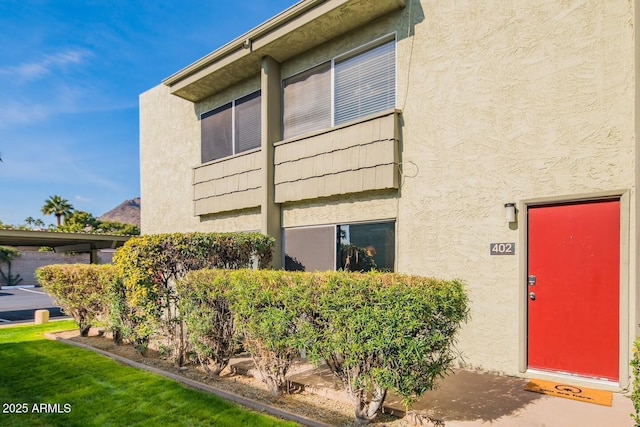 entrance to property with a lawn and stucco siding