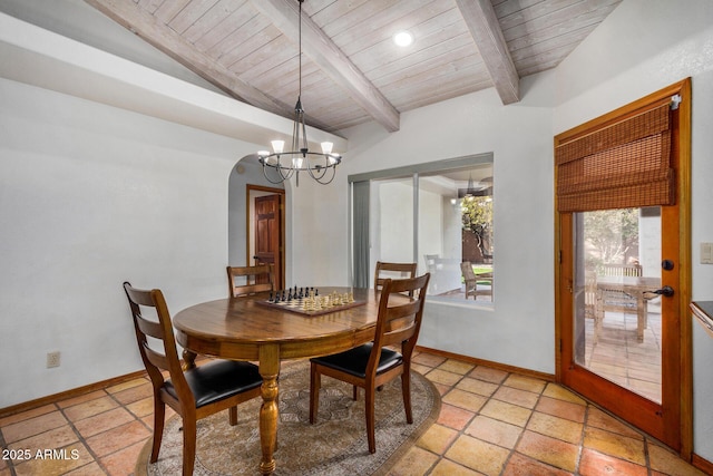 dining room with beam ceiling, wooden ceiling, and a chandelier