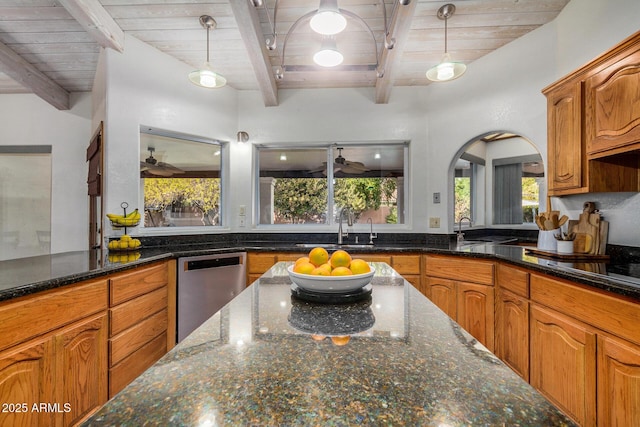 kitchen featuring stainless steel dishwasher, wooden ceiling, decorative light fixtures, and dark stone countertops