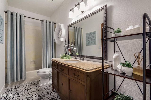 full bathroom with vanity, shower / bathtub combination with curtain, tile patterned floors, and toilet