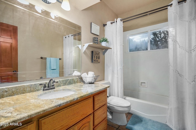 full bathroom with tile patterned flooring, vanity, toilet, and shower / bathtub combination with curtain