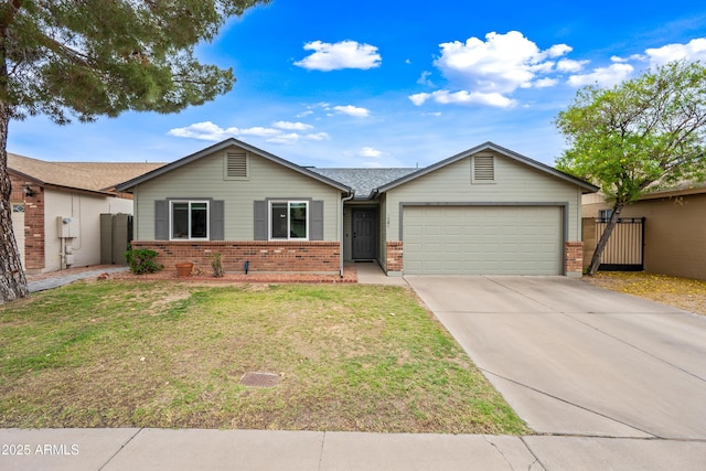 ranch-style house with a garage, a front yard, driveway, and brick siding